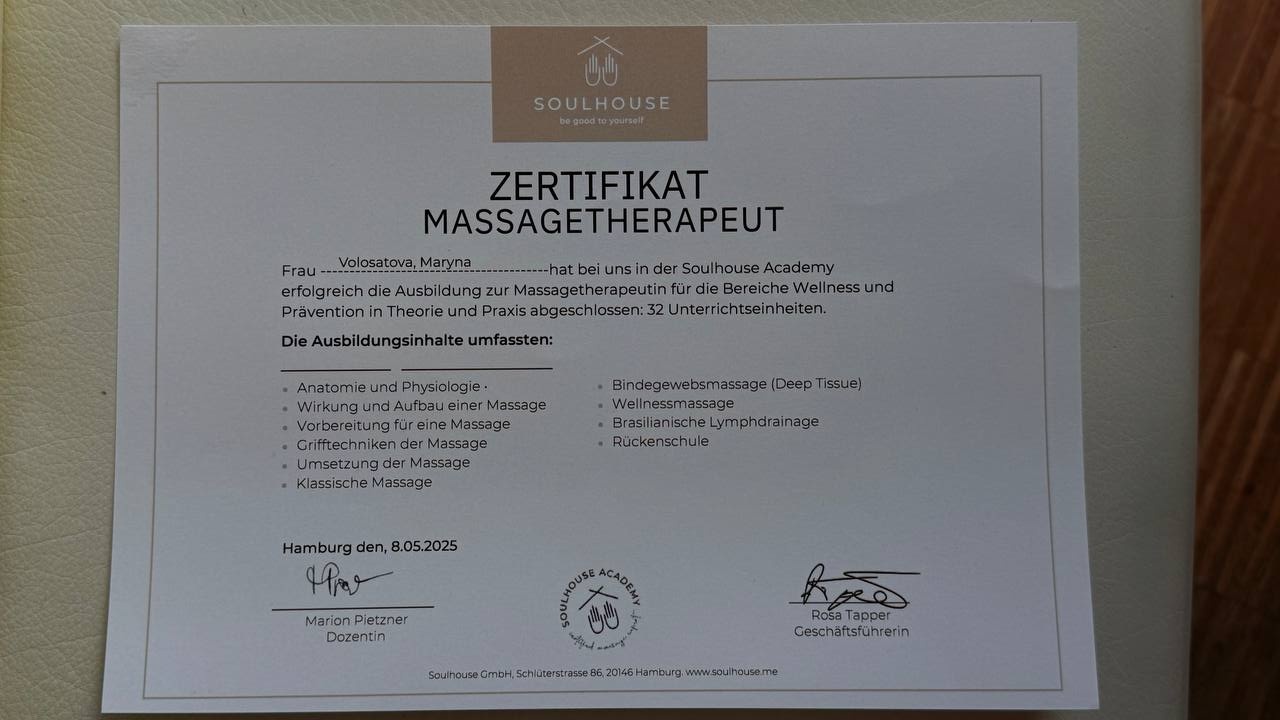 Zertifikat Massagetherapeutin, Soulhouse Academy Hamburg